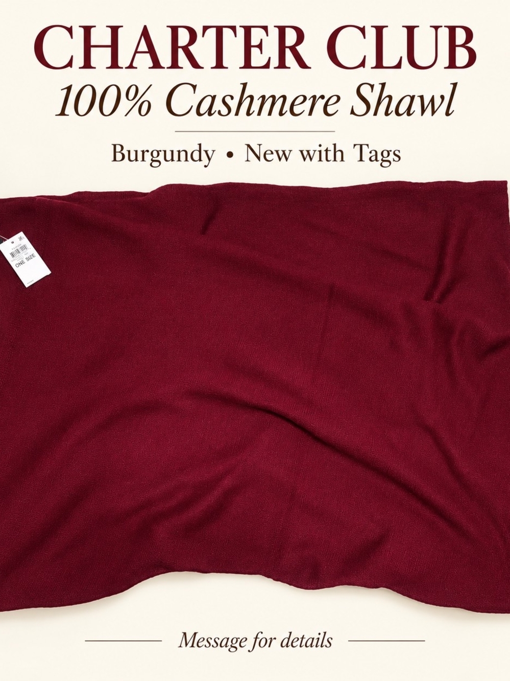 100% Cashmere Charter Club SHAWL- NWT